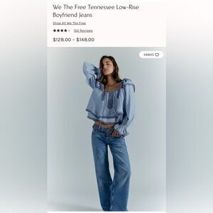NWT!  Free People “We the Free TN Low-Rise Boyfriend jeans”. Cowboy Romance. 28